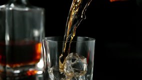 Super slow motion of pouring whiskey or rum with camera motion. Speed ramp effect. Filmed on high speed cinema camera, 1000 fps. - Powered by Shutterstock - Get 15% off with code: PIKWIZARD15