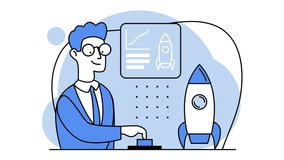 Launching new idea. Startup. Man presses the start button. Guy is building a spaceship rocket. Cohesive teamwork. Scientist with glasses tracks the launch. Looped video. Blue color. 2d flat animation.