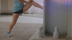 Animation of network of connections over fit woman exercising. global connections, sports, fitness and data processing concept digitally generated video.