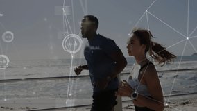 Animation of network of connections over people running on beach. global connections, digital interface and holiday concept digitally generated video.