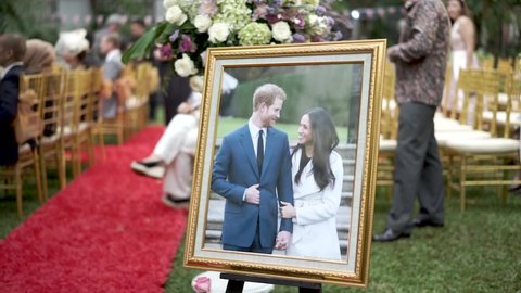 Jakarta, Indonesia, 19 May 2018: Prince Harry and Megan Markle wedding celebration at the British Embassy.