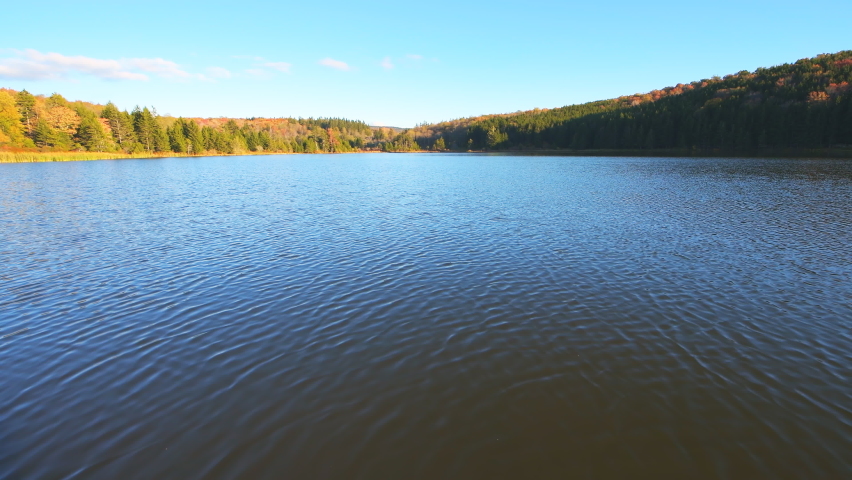 Wide angle view of Spruce Knob Lake in Canaan valley, Appalachian mountains of West Virginia at sunset in Monongahela National Forest