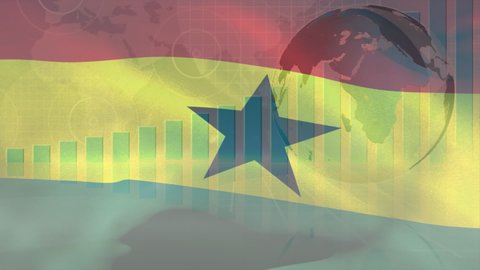 Animation of moving flag of ghana over globe and statistics. global business, data processing and technology concept digitally generated video.