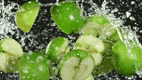 Super Slow Motion Shot of Flying Fresh Apple Slices and Water Side Splash Isolated on Black at 1000 fps. - Powered by Shutterstock - Get 15% off with code: PIKWIZARD15