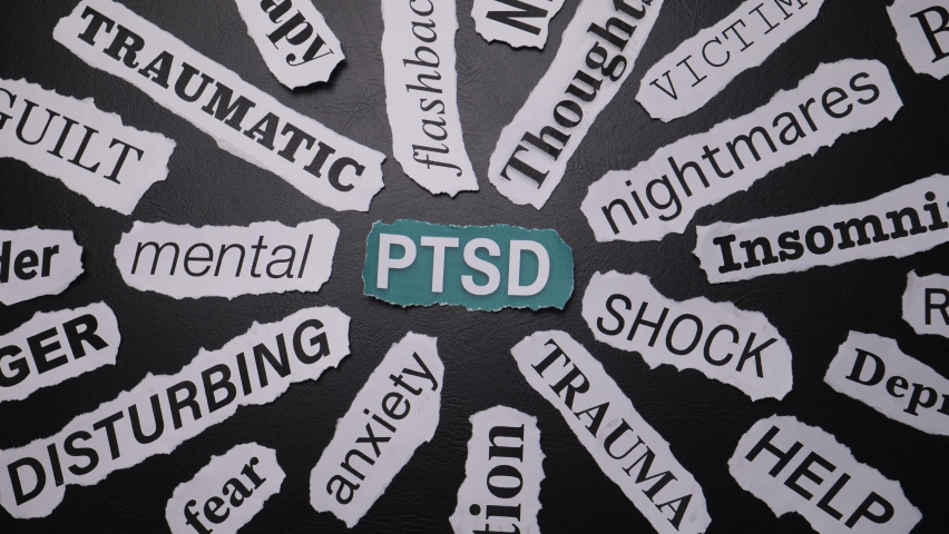 Word cloud animation of the word PTSD Post Traumatic Stress Disorder with many synonyms and related words from the same theme. The words are in a newspaper cutout format with different fonts. Royalty-Free Stock Footage #1076485409