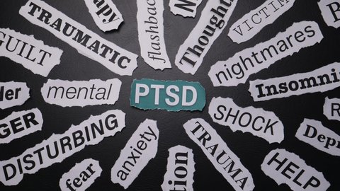 Word cloud animation of the word PTSD Post Traumatic Stress Disorder with many synonyms and related words from the same theme. The words are in a newspaper cutout format with different fonts.