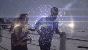 Animation of network of connections over woman and man running outdoors. global sports, fitness, data processing and digital interface concept digitally generated video.