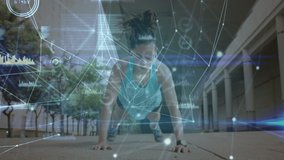 Animation of network of connections over woman exercising outdoors. global sports, fitness, data processing and digital interface concept digitally generated video.