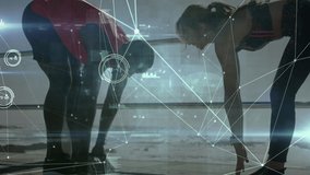 Animation of network of connections over woman and man exercising outdoors. global sports, fitness, data processing and digital interface concept digitally generated video. - Powered by Shutterstock - Get 15% off with code: PIKWIZARD15