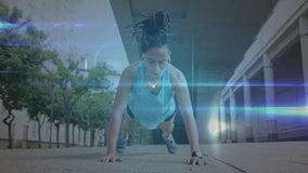 Animation of network of connections over woman doing push-ups outdoors. global sports, fitness, data processing and digital interface concept digitally generated video.