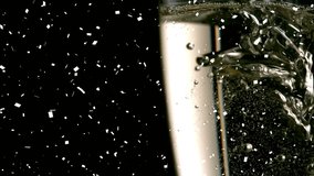 Animation of white confetti falling over champagne pouring into three glasses on black background. celebration, party, tradition, luxury and event concept digitally generated video.