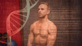 Animation of dna strand spinning and data processing over strong man exercising. global sports, fitness, healthy lifestyle and data processing concept digitally generated video.
