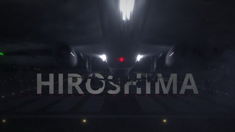 Airplane taking off from the airport with HIROSHIMA city name, 3d animation