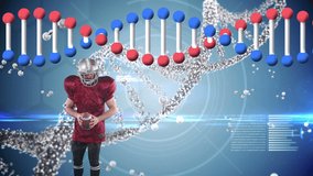 Animation of dna strand spinning and data processing over american football player. global sports, competition and data processing concept digitally generated video.