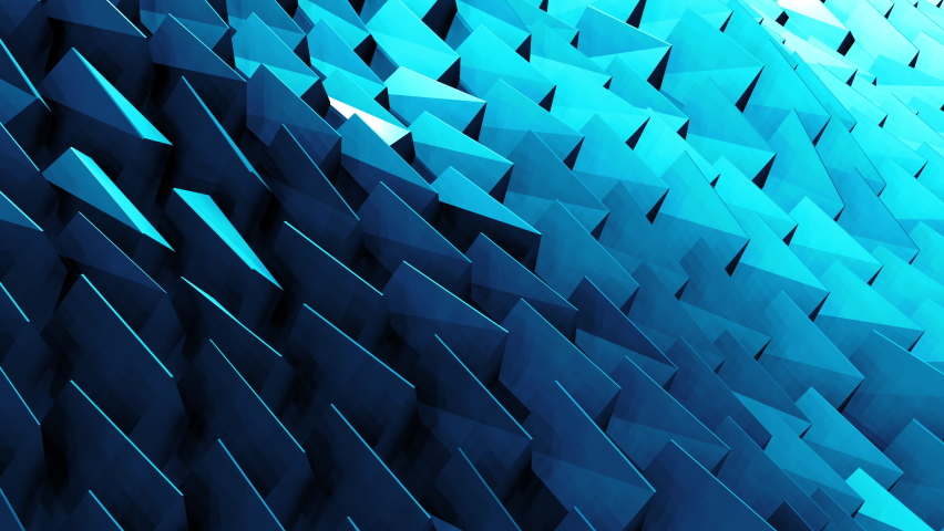 Abstract 3D visualization of a geometric low-poly blue color surface. 4K Computer animation seamless loop. Modern background with blue polygonal tower shape on dark background. Loopable motion design.
