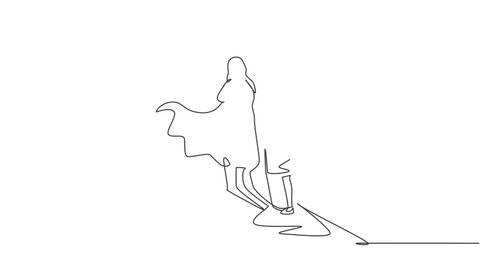 Animated self drawing of continuous one line draw young female entrepreneur facing super hero shadow on arrow up symbol wall. Success manager minimalist concept. Full length single line animation.