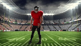 Animation of american football player over sports stadium. global sports and competition concept digitally generated video.