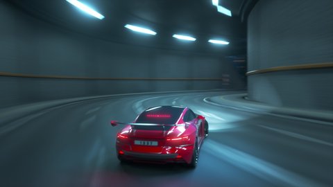 Gameplay of a Racing Simulator Video Game with Interface. Computer Generated 3D Car Driving Fast and Drifting on a Night Motorway in a Modern City. VFX Animation. Third-Person View.