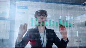 Young Adult Female Using Futuristic Augmented Reality Software Interface for Managing Business and Marketing Projects. Specialist in Office Wearing Headset to Look at VFX Animation with Financial Data - Powered by Shutterstock - Get 15% off with code: PIKWIZARD15