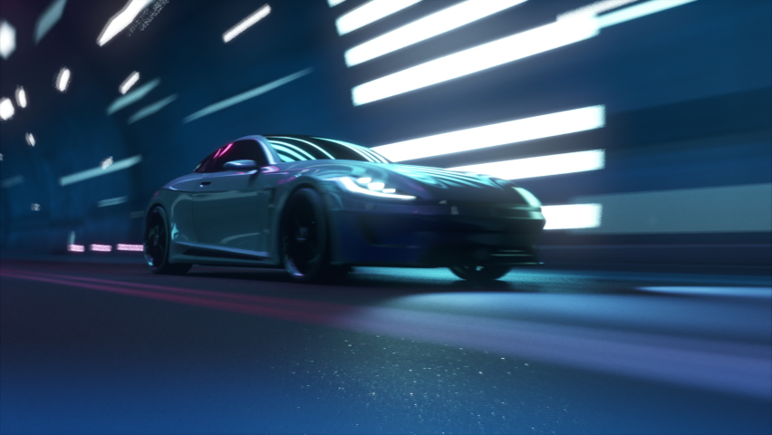 Computer Generated 3D Sports Car Model Driving Fast on a Night Highway in a Colorful Tunnel with Reflections in a Modern City. Supercar Racing in the Dark. VFX Animation. Arc Shot.