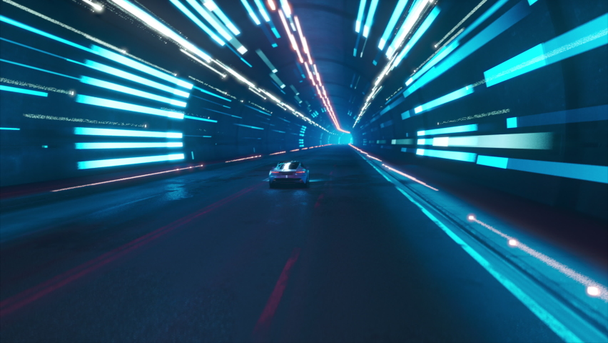 Computer Generated 3D Sports Car Model Driving Fast on a Night Highway in a Colorful Tunnel with Reflections in a Modern City. Supercar Racing in the Dark. VFX Animation. Arc Shot. Royalty-Free Stock Footage #1076498963