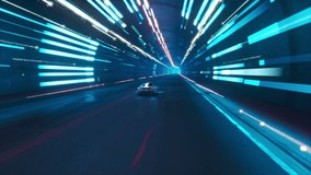 Computer Generated 3D Sports Car Model Driving Fast on a Night Highway in a Colorful Tunnel with Reflections in a Modern City. Supercar Racing in the Dark. VFX Animation. Arc Shot.