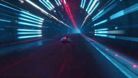 Computer Generated 3D Sports Car Model Driving Fast on a Night Highway in a Colorful Tunnel with Reflections in a Modern City. Supercar Racing in the Dark. VFX Animation. Arc Shot.