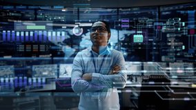 First Person POV Footage of Professional IT Technical Support Specialist or Software Engineer Pushing Augmented Reality Display in a Modern Monitoring Control Room Full of Computers. VFX Animation. - Powered by Shutterstock - Get 15% off with code: PIKWIZARD15