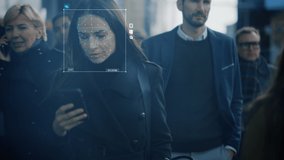 Businesswoman Scanned and Tracked with Technology Walking on Busy Urban City Street. CCTV AI Facial Recognition Big Data Analysis Interface Scanning, Showing Animated Information. - Powered by Shutterstock - Get 15% off with code: PIKWIZARD15