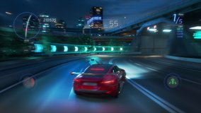Gameplay of a Racing Simulator Video Game with Interface. Computer Generated 3D Car Driving Fast and Drifting on a Night Highway in a Modern City. VFX Animation. Third-Person View.