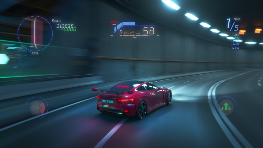 Gameplay of a Racing Simulator Video Game with Interface. Computer Generated 3D Car Driving Fast and Drifting on a Night Speedway in a Modern City. VFX Animation. Third-Person View.