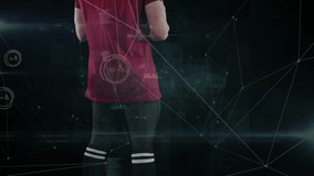 Animation of network of connections over american football player on black background. global sports, competition and connections concept digitally generated video.