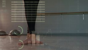 Animation of data processing over female ballet dancer's legs. global sports and data processing concept digitally generated video.
