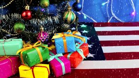 Christmas tree with gifts on the background of the usa flag, snow is falling, zoom effect.  - Powered by Shutterstock - Get 15% off with code: PIKWIZARD15