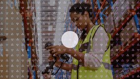 Animation of network of connections over rows of moving pattern and woman working in warehouse. global shipping, connections and data processing concept digitally generated video.