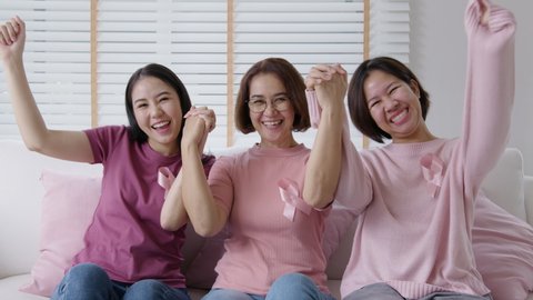Diversity group asia happy people or senior mature lady and teen girl sit at home sofa smile look at camera to help fight prevent or protect female disease issue relief, patient health care benefit.