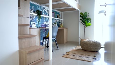 Serpong, Indonesia - March 16, 2021: Established Shot of Modern Children's Bedroom Design that Utilizes Space Effectively and Efficiently with the use of Mezzanines and Bunk Beds