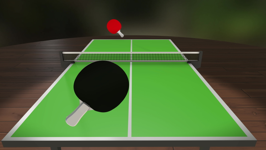 3D animation of table tennis game. POV of small red racket hits ping pong ball back and forth across a green table. Dynamic action with first-person view. Seamless loop of virtual ping-pong sport game Royalty-Free Stock Footage #1076511233