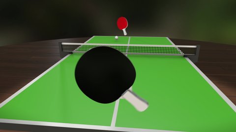 3D animation of table tennis game. POV of small red racket hits ping pong ball back and forth across a green table. Dynamic action with first-person view. Seamless loop of virtual ping-pong sport game