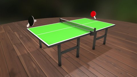 3D animation of table tennis game. Small red rackets hit ping pong ball back and forth across a photorealistic green table. Dynamic action with side view. Seamless loop of virtual ping-pong sport game