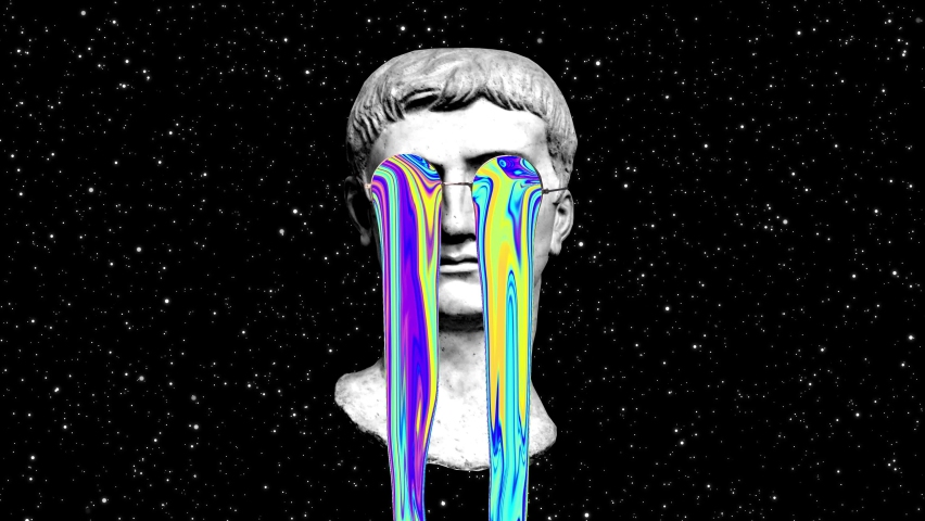 Trippy and Psychedelic Head of an ancient Roman or Greek Stone Statue Sculpture. Trendy modern colorful animation.
4k starry black background. Abstract, minimal, vaporwave surrealist concept. | Shutterstock HD Video #1076518727