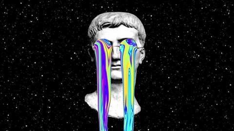 Trippy and Psychedelic Head of an ancient Roman or Greek Stone Statue Sculpture. Trendy modern colorful animation.
4k starry black background. Abstract, minimal, vaporwave surrealist concept.