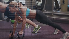 Animation of statistics and data processing over man and woman exercising with weights. global sports, fitness and data processing concept digitally generated video.