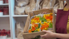 Woman seller holding a wooden box with containers of herbs and flowers for salad. Greenery delivery fees. Packing mix of salad in plastic containers. Farm greens and flowers for healthy eating.  - Powered by Shutterstock - Get 15% off with code: PIKWIZARD15