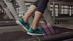 Animation of statistics and data processing over woman running on treadmill. global sports, fitness and data processing concept digitally generated video.
