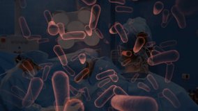 Animation of virus cells floating over surgeons in face masks. global covid 19 pandemic and healthcare services concept digitally generated video. - Powered by Shutterstock - Get 15% off with code: PIKWIZARD15