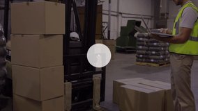 Animation of glowing metallic blocks and network of connections over man working in warehouse. global shipping, connections and data processing concept digitally generated video.
