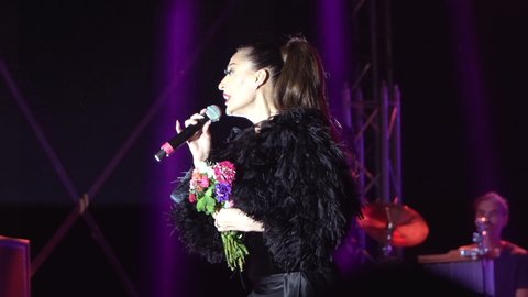 Bansko, Bulgaria - 08 Sep, 2019: Ceca Raznatovic a serbian celebrity singer star is having a concert at stage in Bansko, Bulgaria