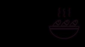 Glowing neon line Fish soup icon isolated on black background. 4K Video motion graphic animation.