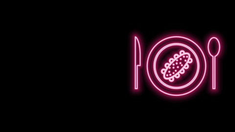 Glowing neon line Served cucumber on a plate icon isolated on black background. Marine food. 4K Video motion graphic animation.
